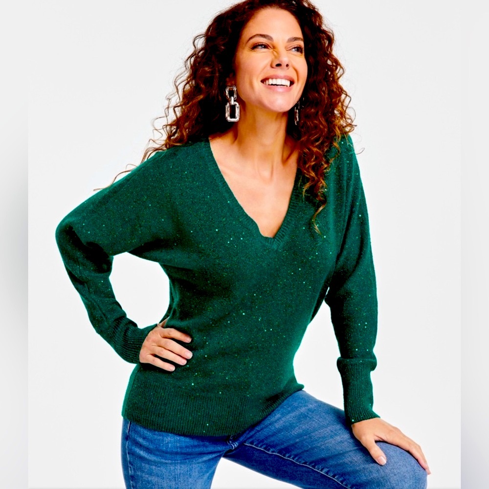 INC green sparkle holiday sweater L